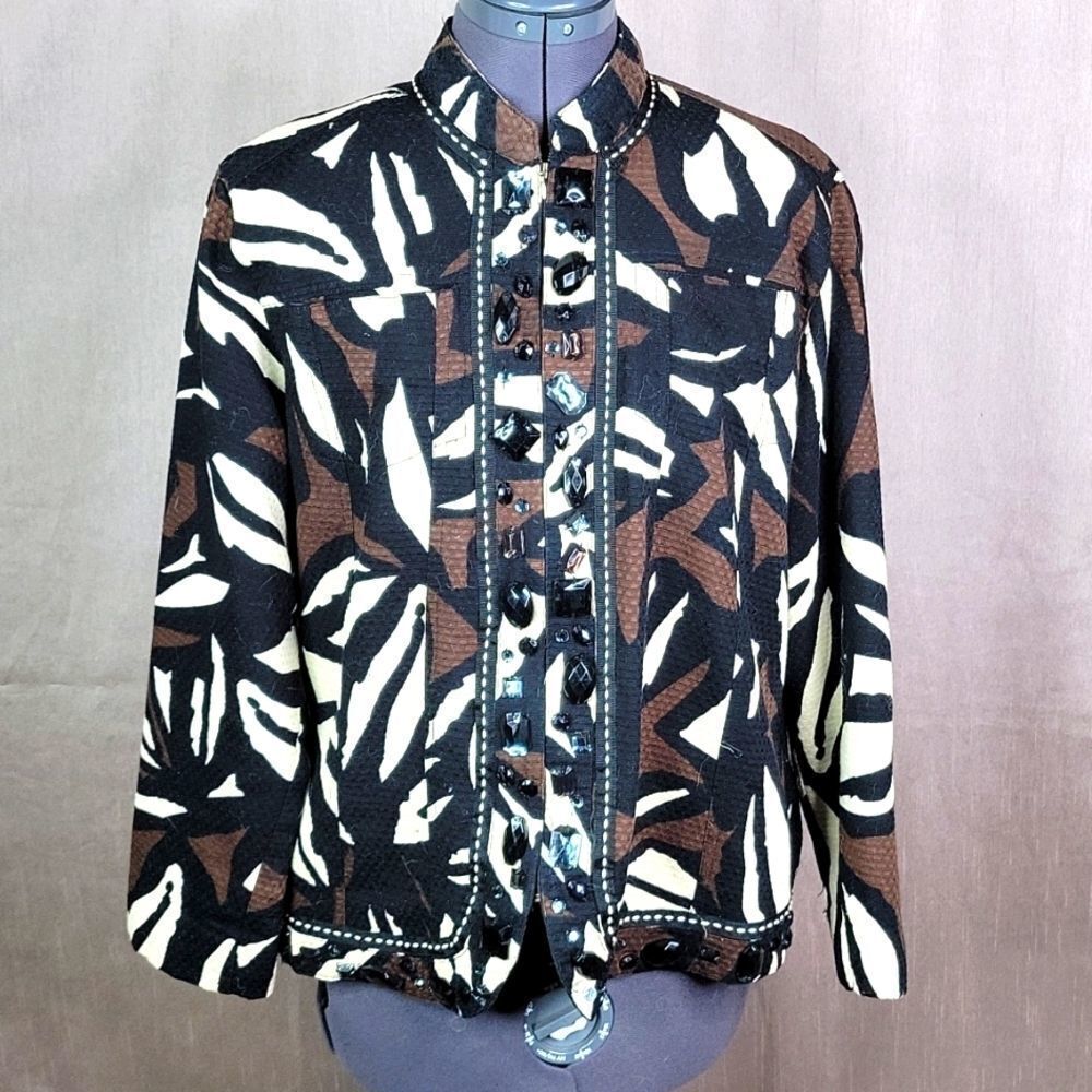 Investments Animal Print Embellished Jacket Women’s Large Brown Black
